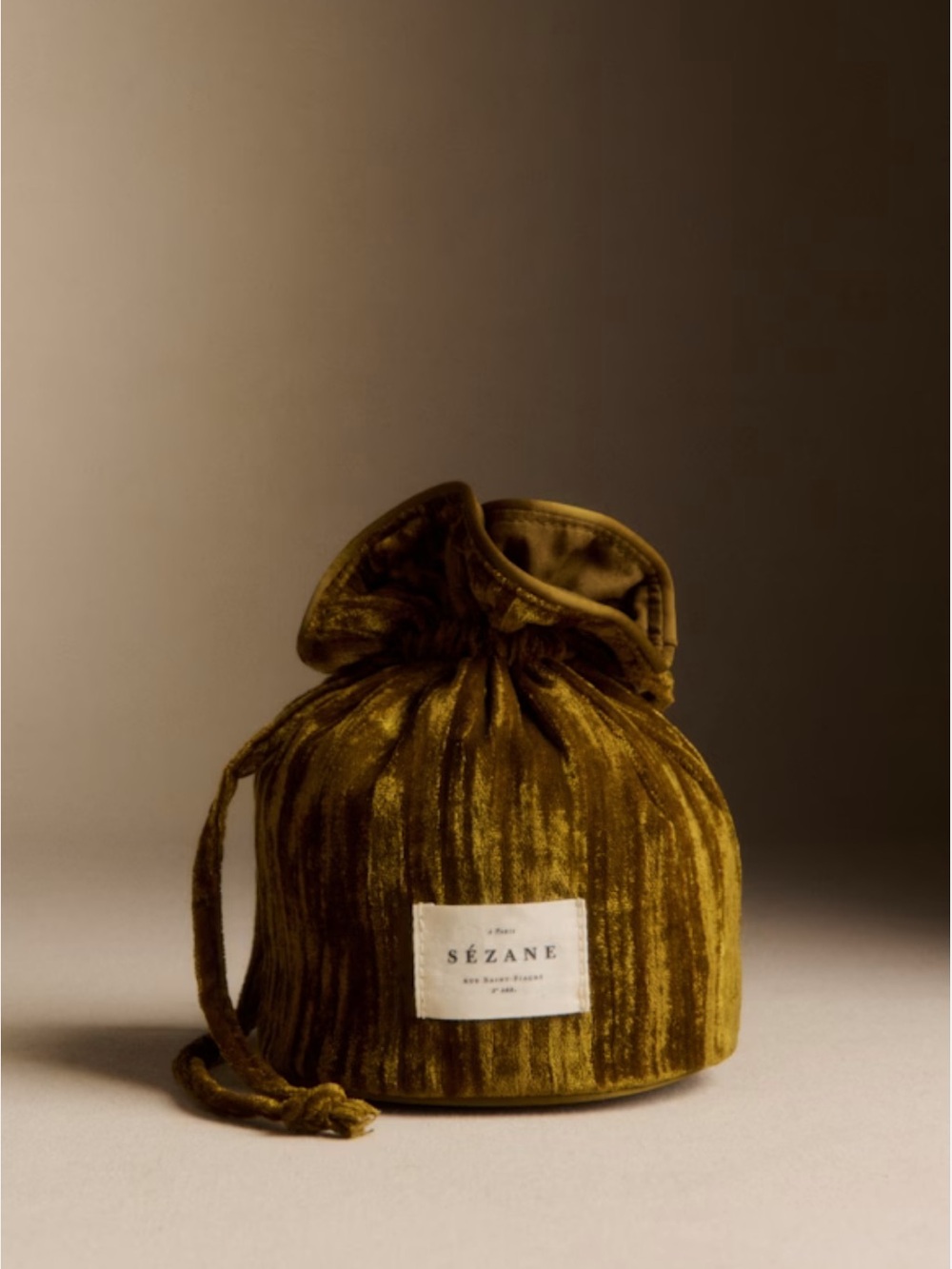 NWOT Sezane Embossed Velvet Pouch in Olive Green Gold